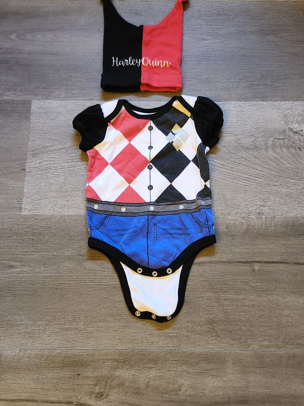 Batman Red and Black Harley Quinn-Inspired Baby Onesie with Hat